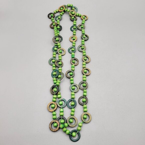 Coconut Circles and Wooden Beaded Necklace 56 Inch Long - Picture 2 of 5